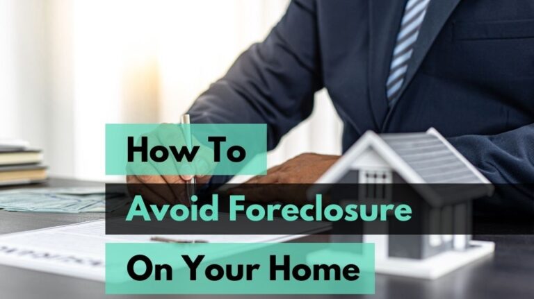 Signing Paperwork by Model of a House with How To Avoid Foreclosure on Your Home Text on Green and Black Backgrounds